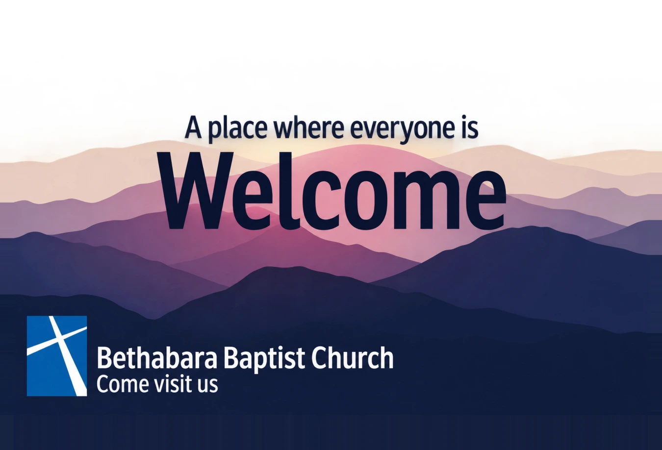Bethabara Baptist Church welcome postcard with layered mountain artwork