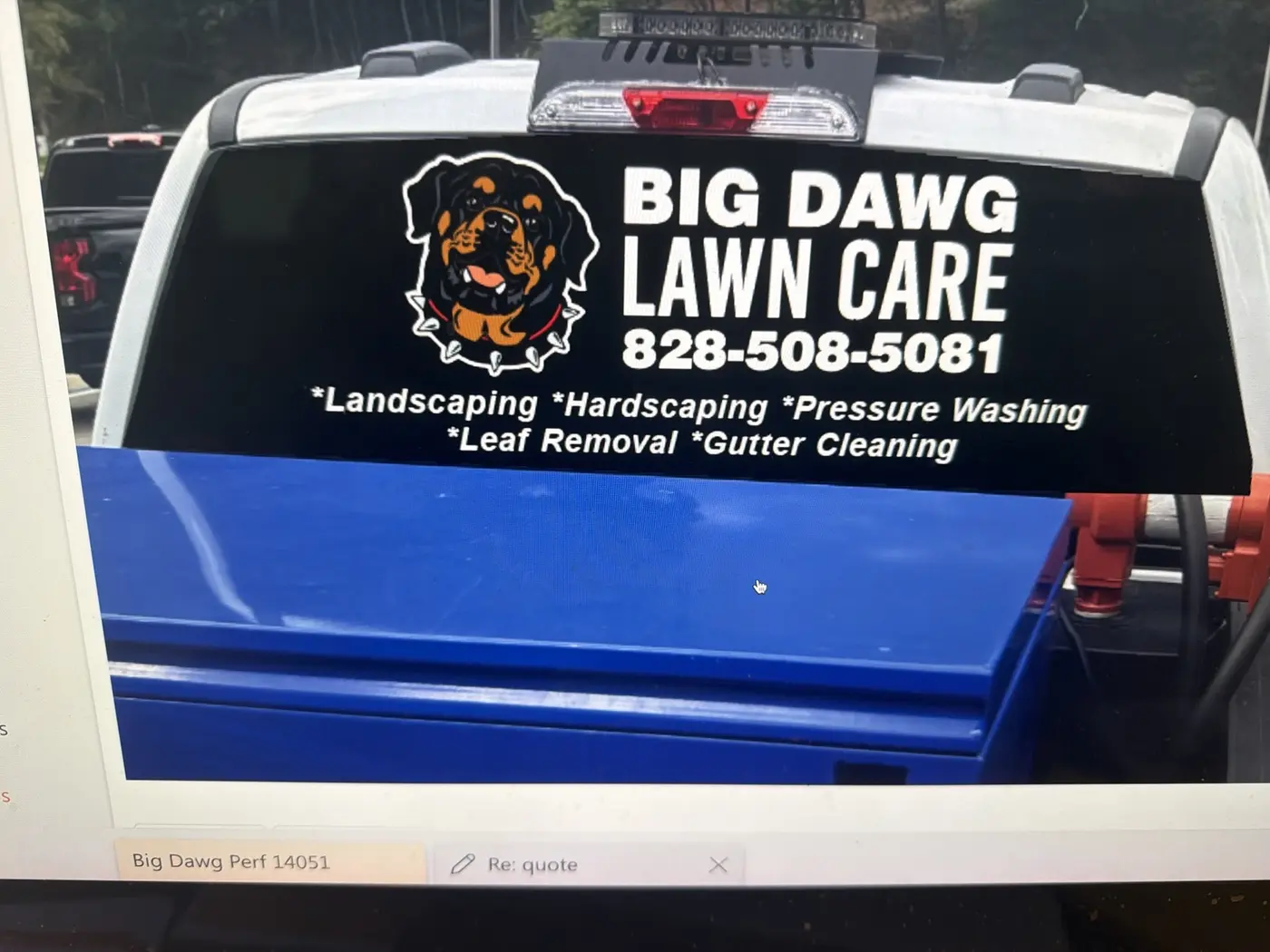 Big Dawg Lawn Care rear-window graphics on a pickup truck