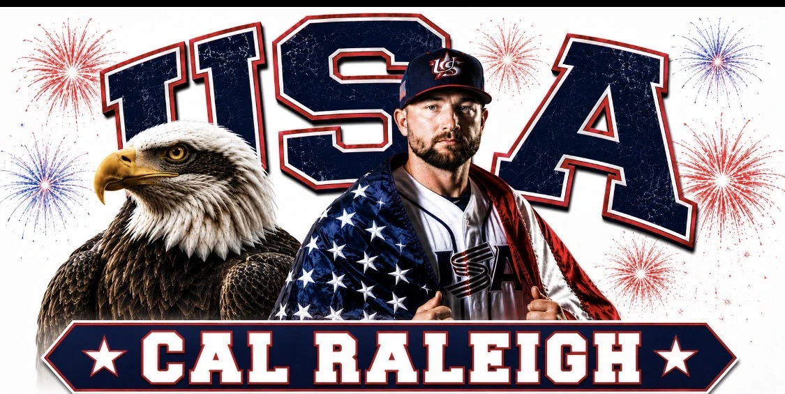USA themed Cal Raleigh banner artwork with eagle and fireworks