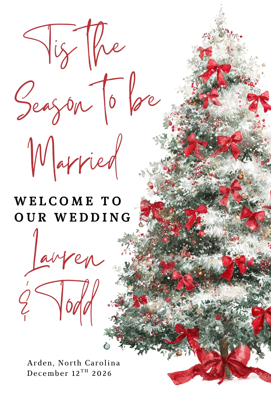 Christmas wedding welcome sign with red lettering and decorated tree