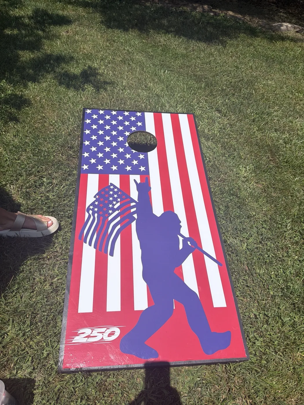 Custom patriotic baseball cornhole board with full-color graphics