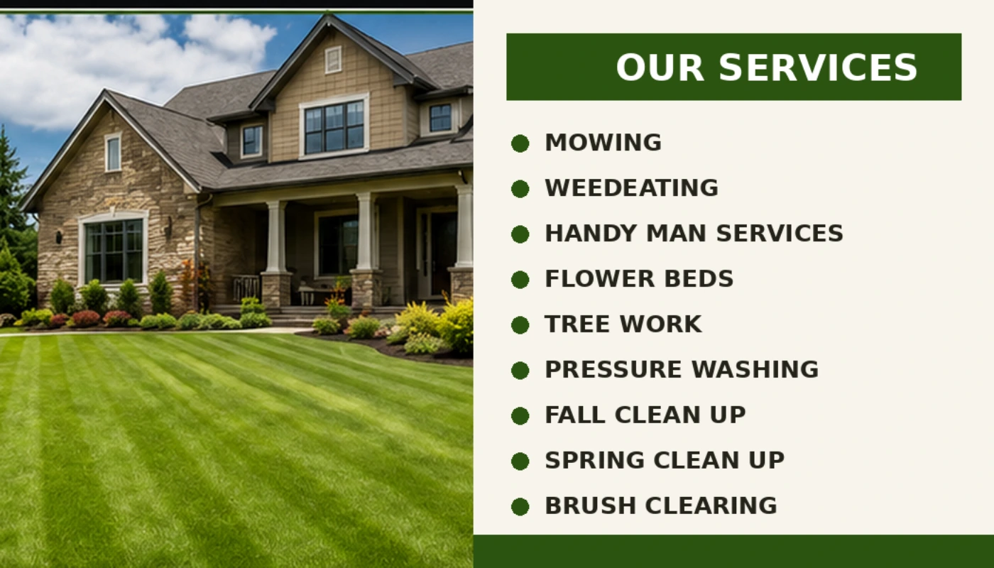 Back of Freshscape Lawncare business card with service list and landscaping photo