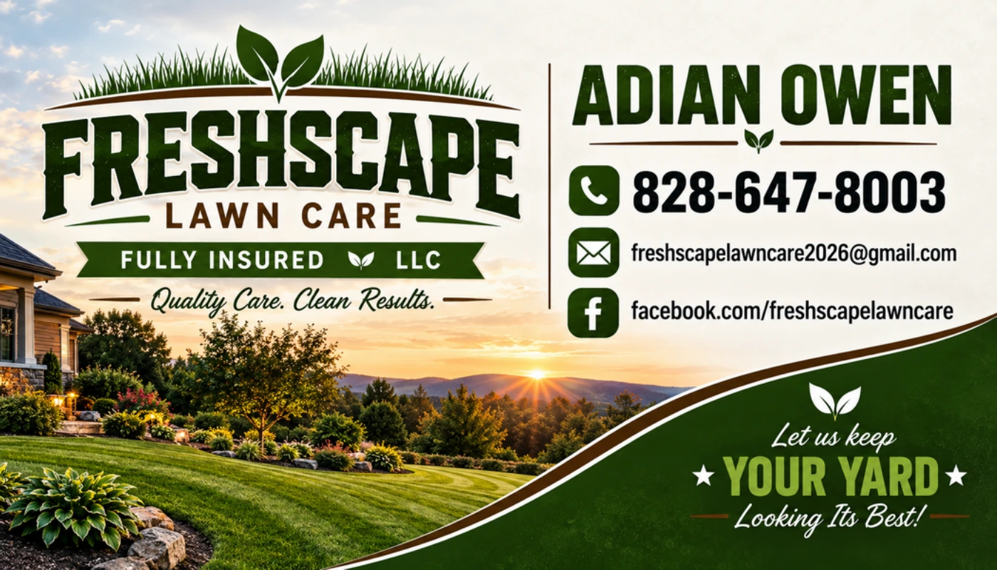 Front of Freshscape Lawncare business card with logo and contact details