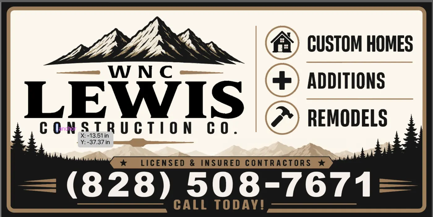 WNC Lewis Construction Co. sign with mountain artwork and contractor services