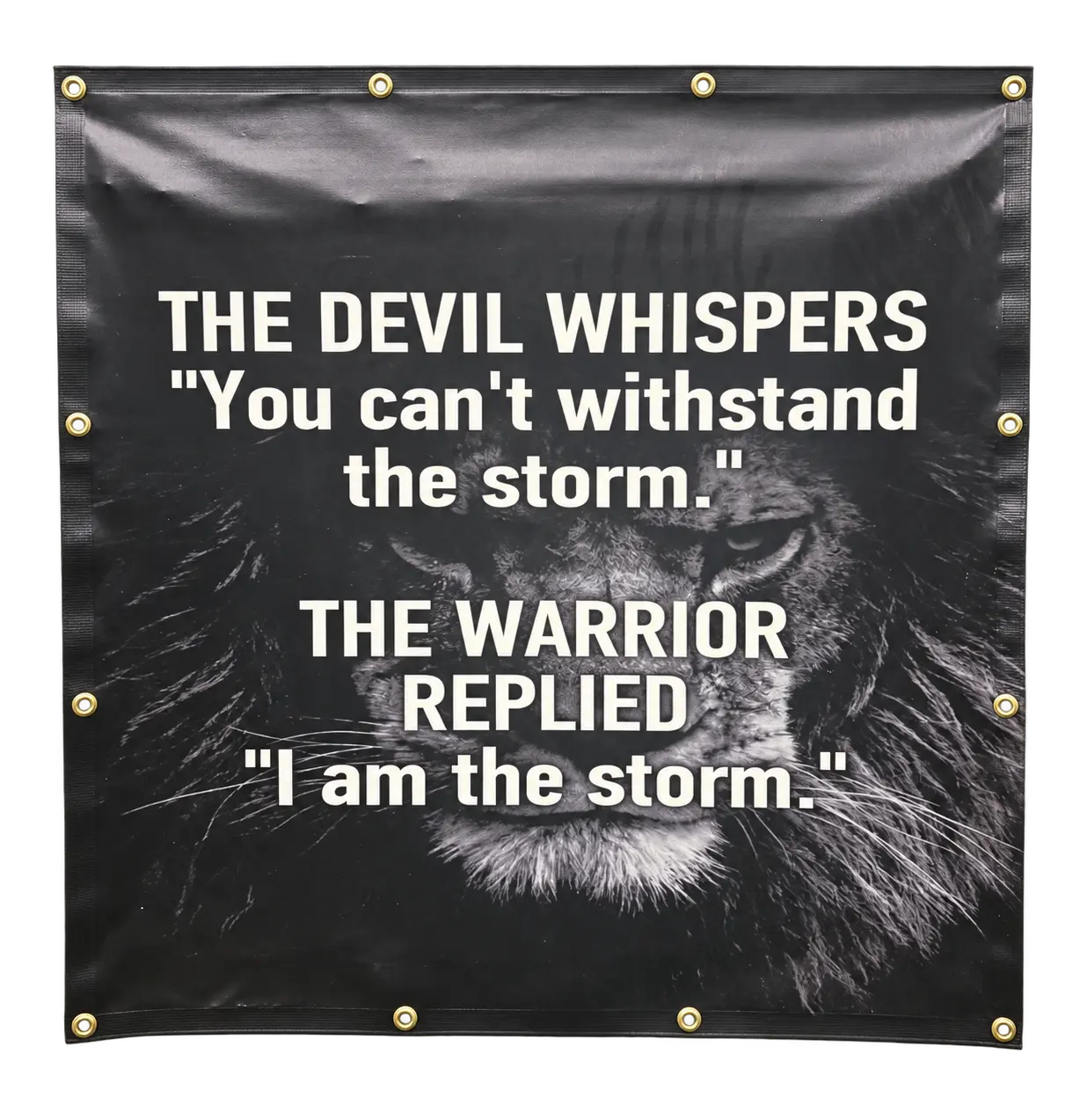 Printed motivational banner featuring a lion
