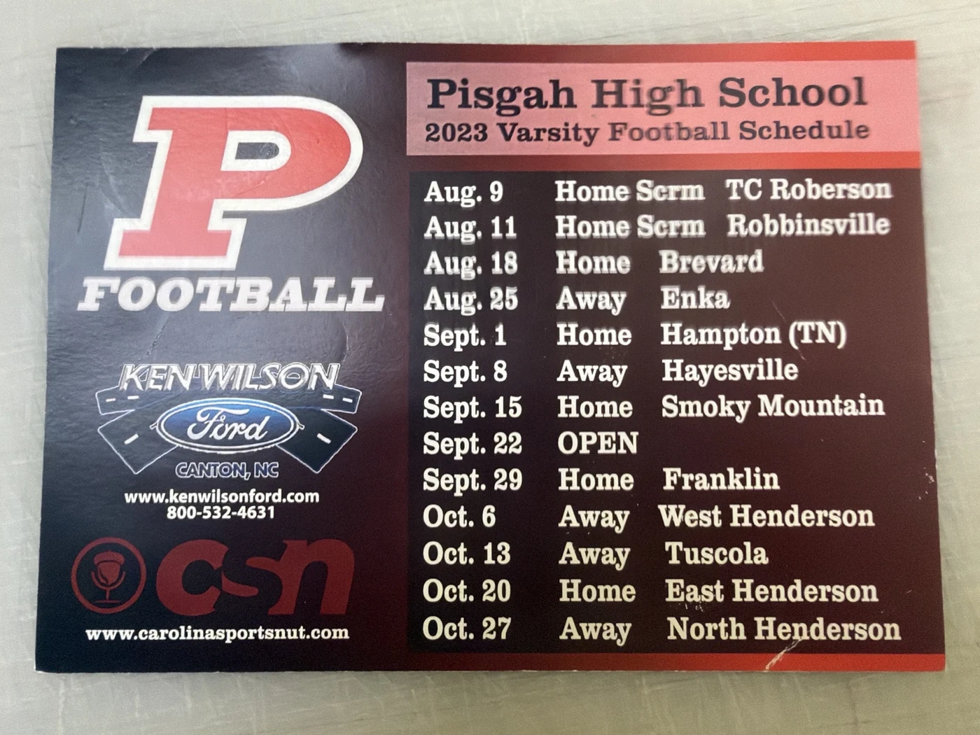 Pisgah High School football schedule magnet with dates, opponents and sponsors