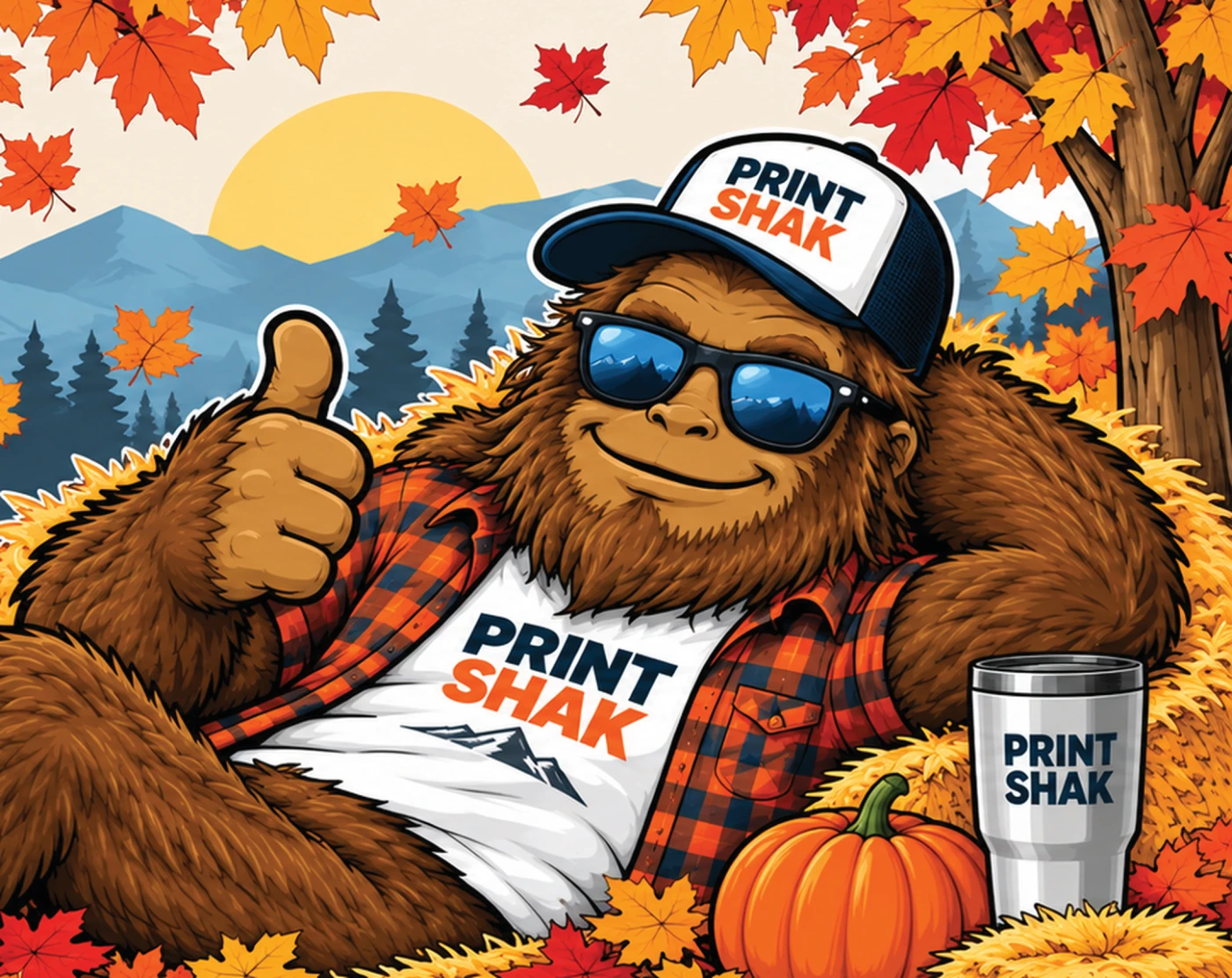 Bigfoot in sunglasses giving a thumbs up surrounded by autumn leaves and pumpkins