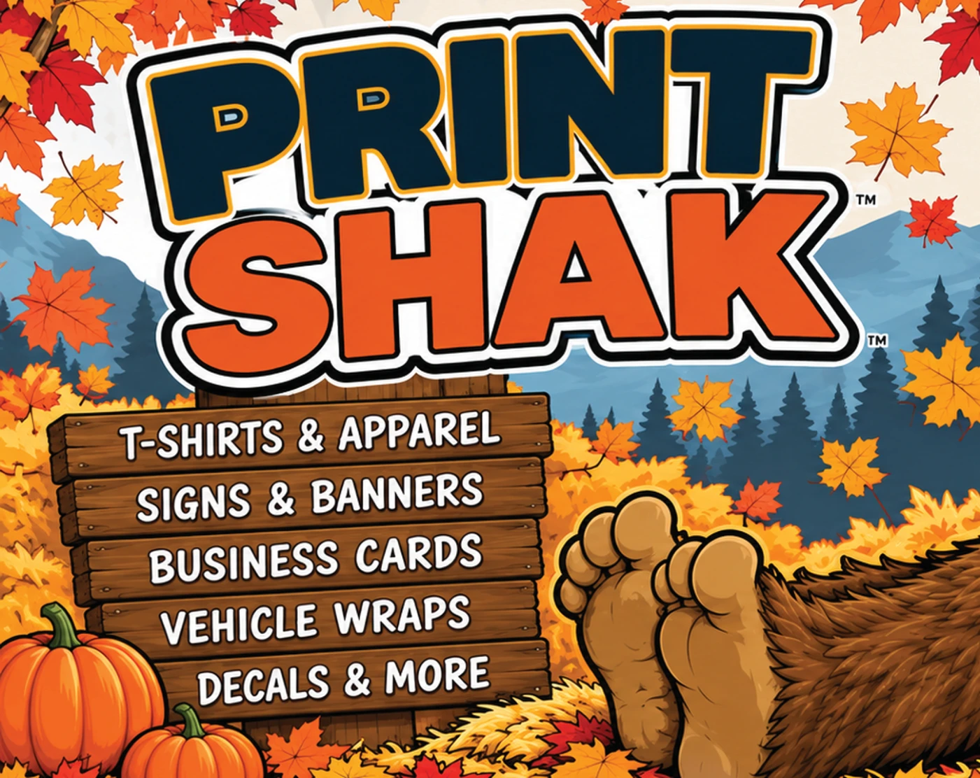 Fall window graphic with Print Shak name and printing services