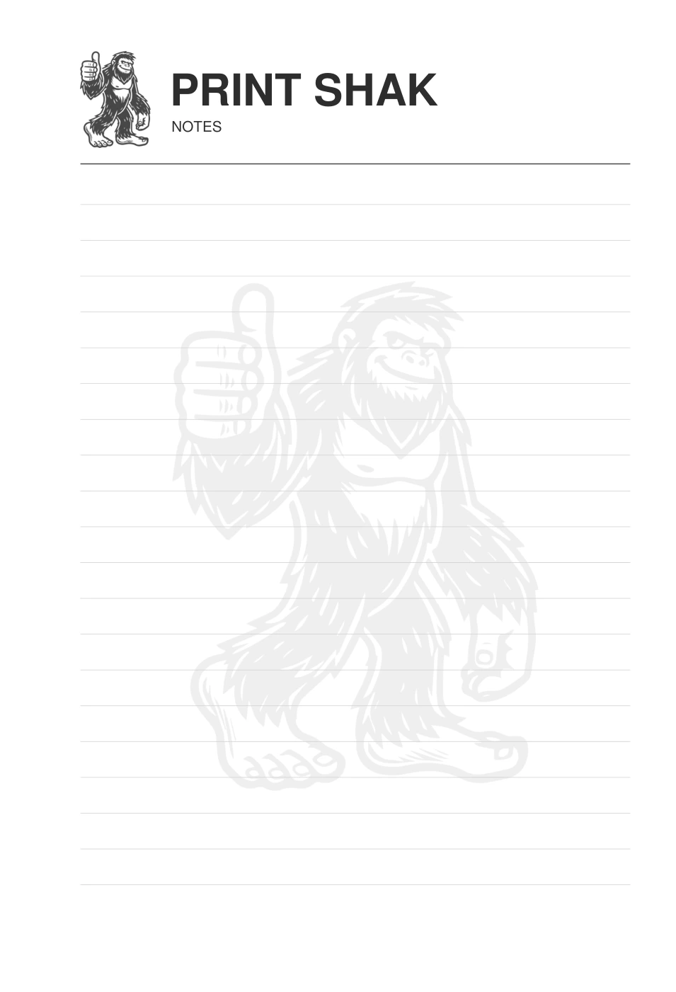 Print Shak lined notepad with Bigfoot watermark