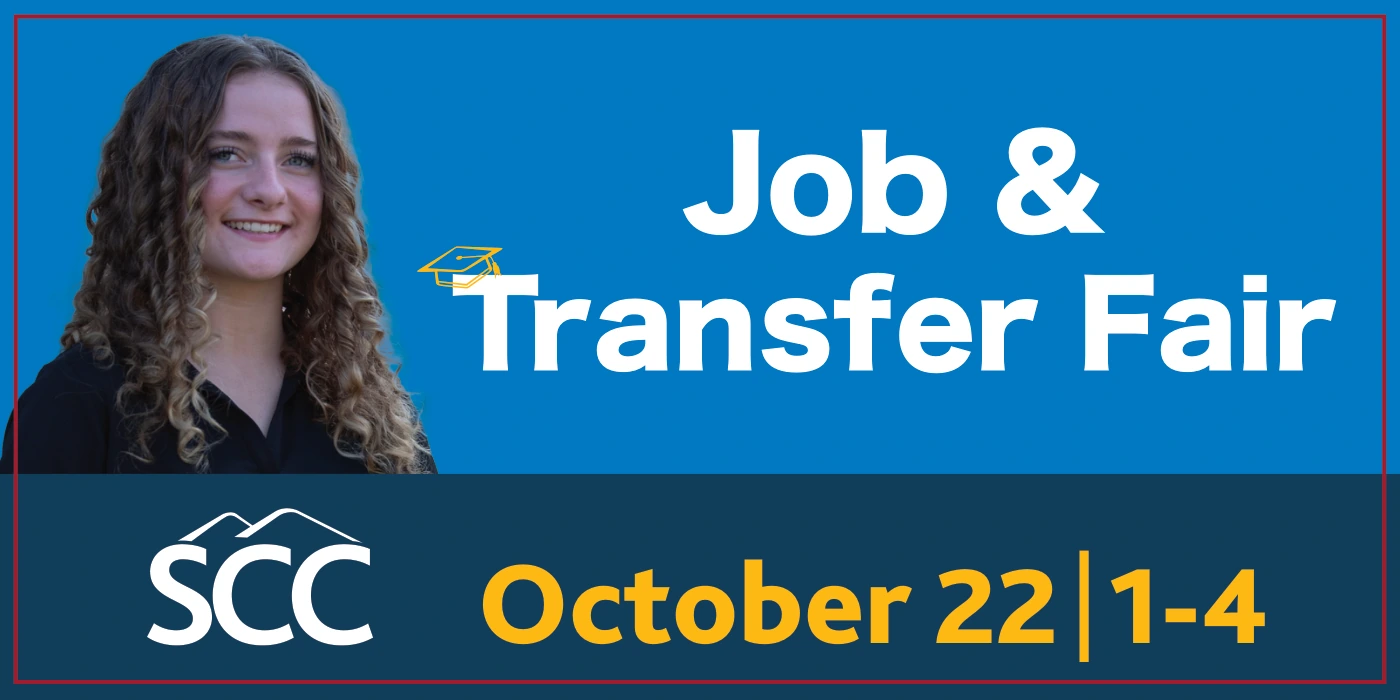 Blue SCC Job and Transfer Fair banner with portrait and event information