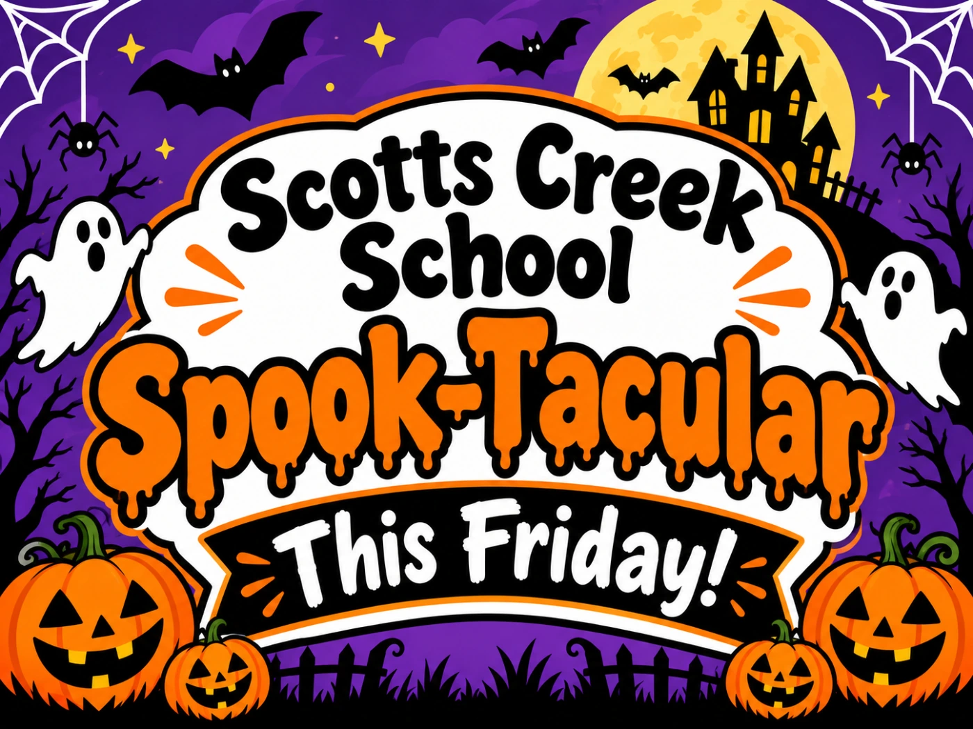 Scotts Creek School Halloween event sign with purple and orange artwork