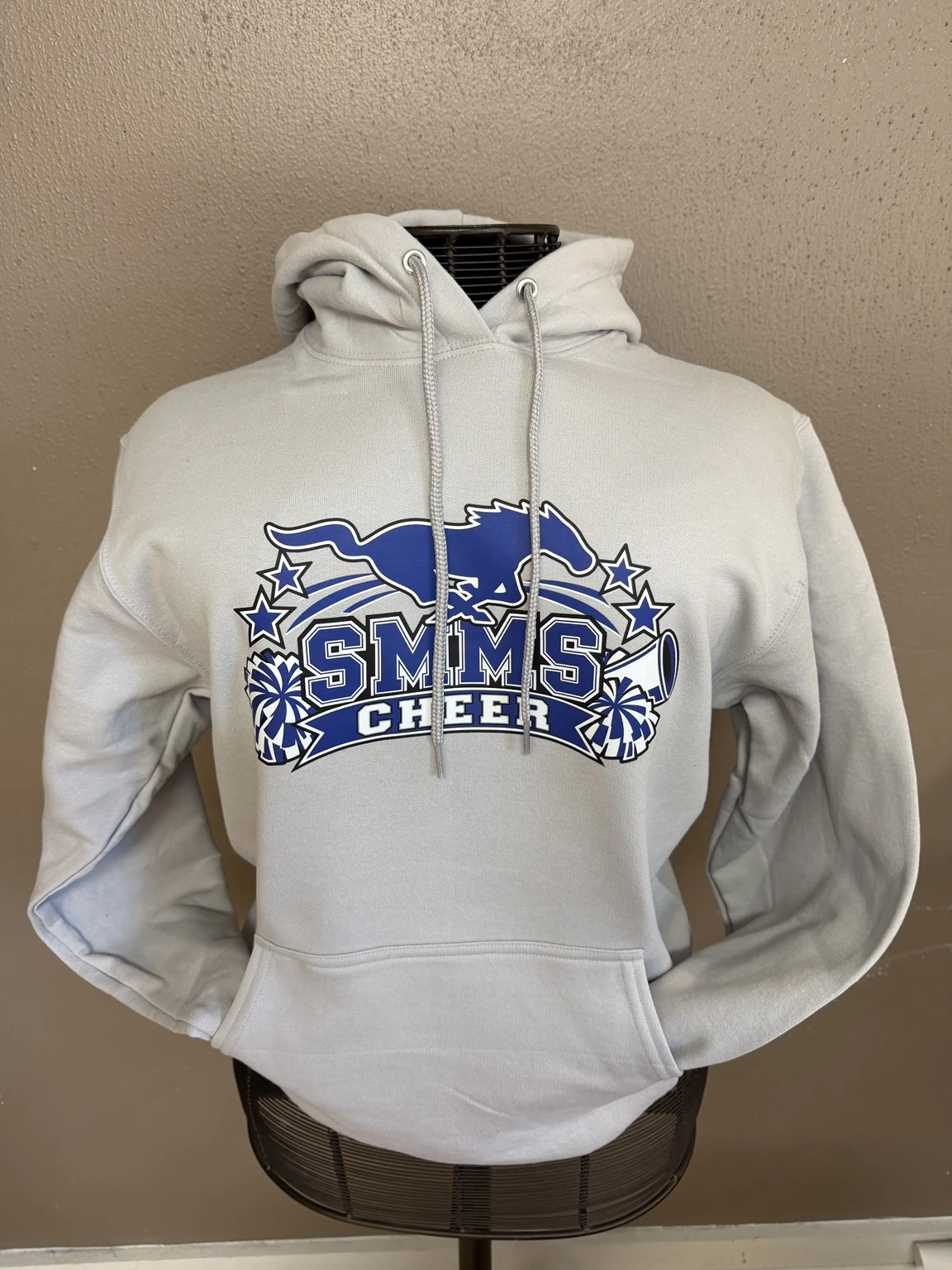Gray SMMS Cheer hoodie with blue mustang and cheer graphics