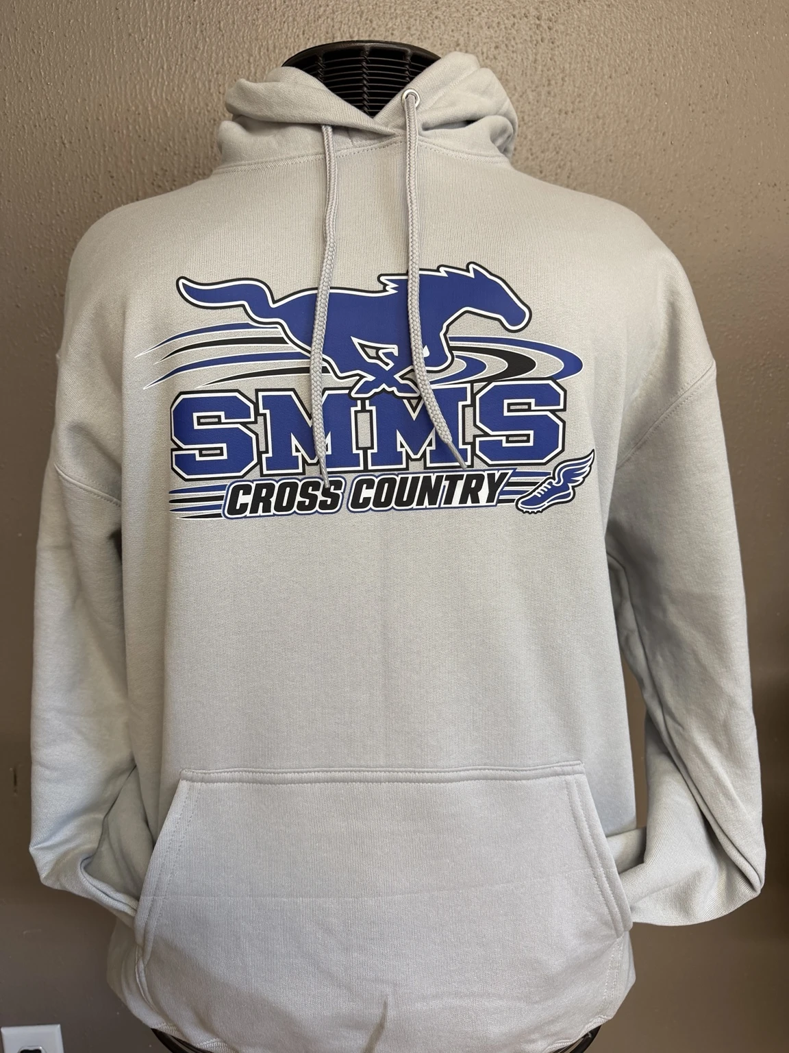 Gray SMMS Cross Country hoodie with blue mustang and running graphics