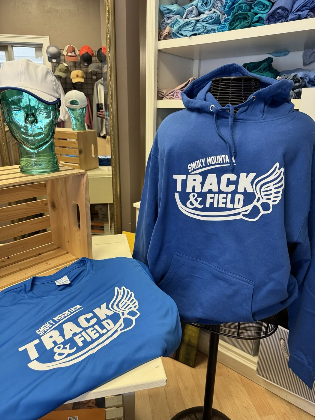 Blue Smoky Mountain Track and Field printed hoodie and T-shirt