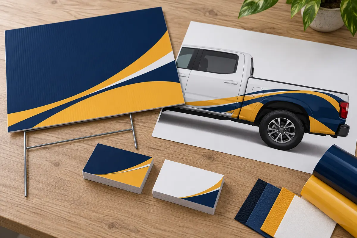 Illustrative arrangement of business cards, a sign and a sample vehicle graphic