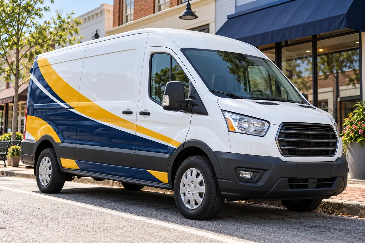 Illustrative example of business lettering and a partial wrap on a white service van