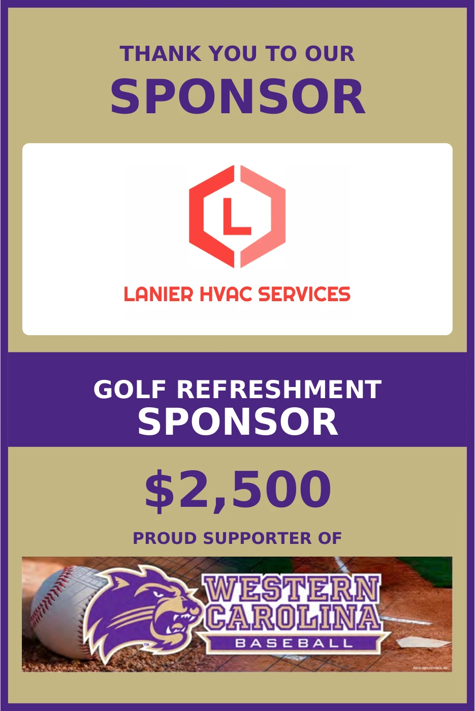 Purple and gold WCU Baseball sponsor sign for Lanier HVAC Services